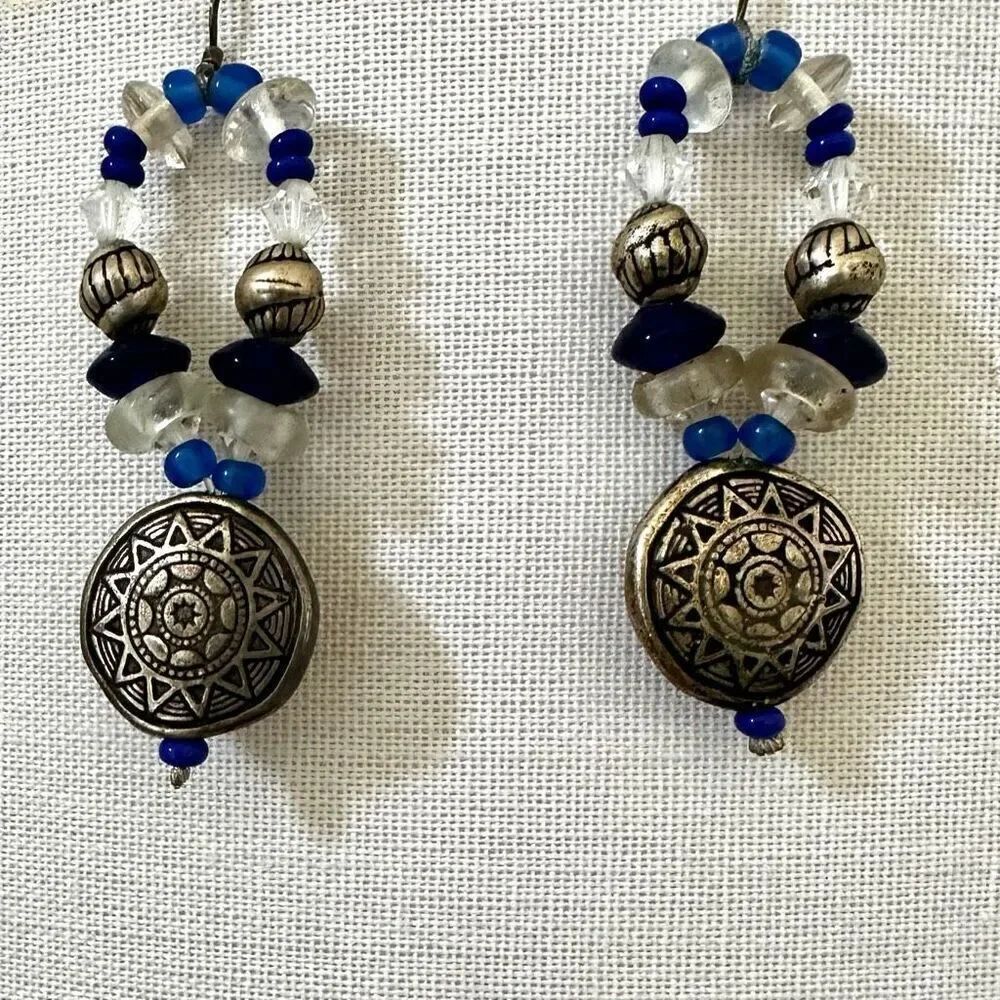 Silver tone blue beaded earrings